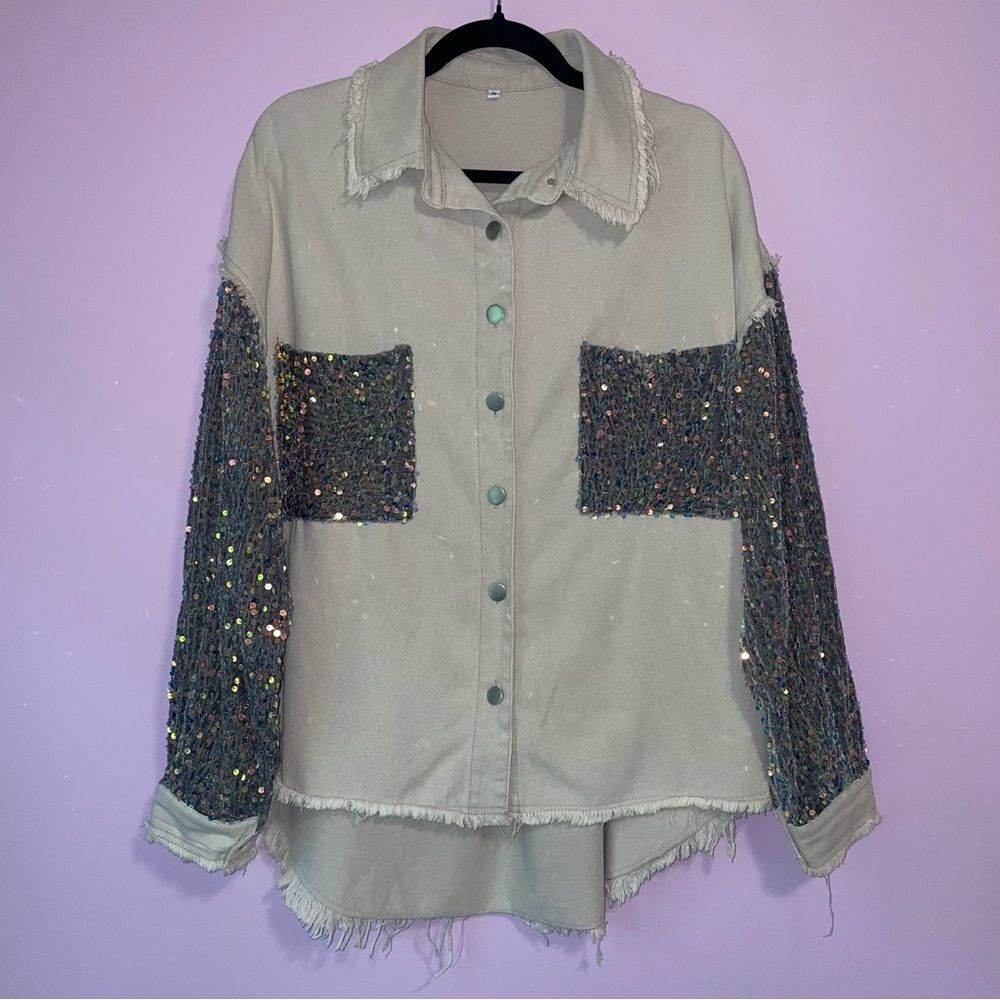 Light Grey Jean Jacket M Oversized Blue Velvet Sequins Cotton Blend